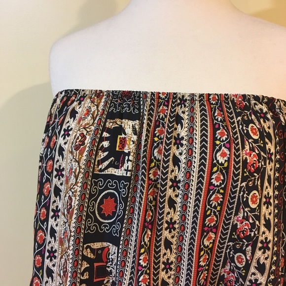 Boho Off Shoulder Floral Striped Cropped Tie Front Blouse - Picture 6 of 7